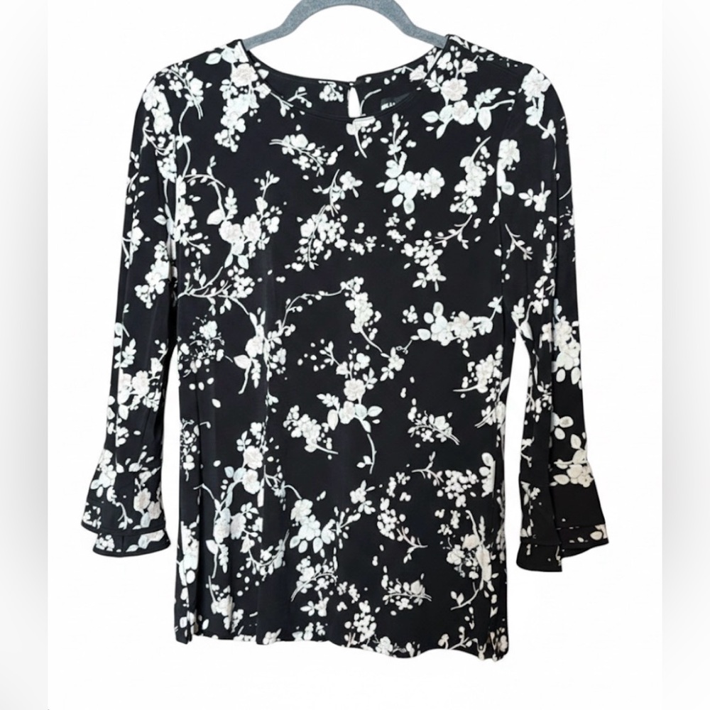 Karl Lagerfeld Paris Women’s Black & Pink Floral 3/4 Ruffle Sleeve Top | XS - Picture 2 of 2